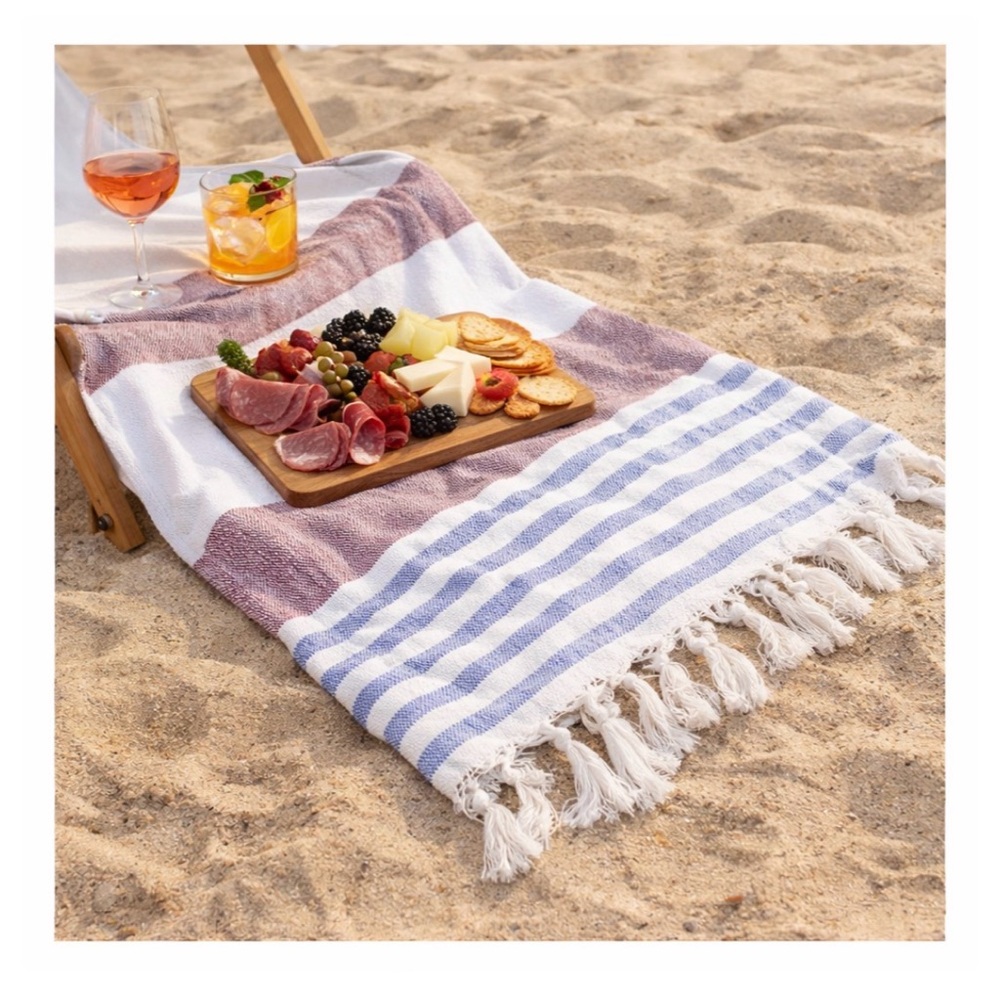 Striped cotton Beach Towel - Red and Blue with white and white fringe